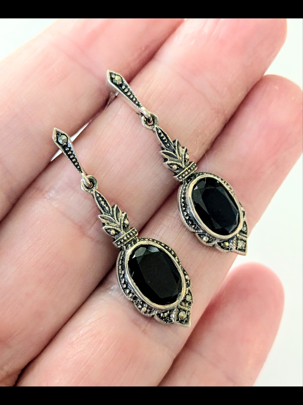 Sterling Silver Faceted Onyx Marcasite Art Deco Era Dangle Earrings Signed